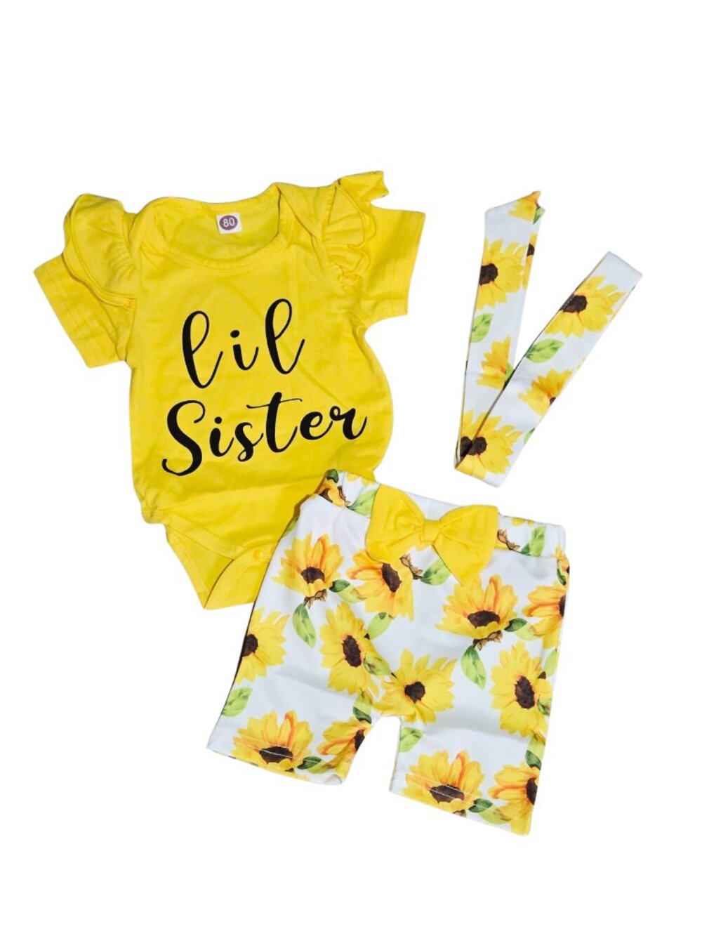 NWT | Lil Sister Sunflower Ruffle Bodysuit Shorts Headband Outfit Set | 9-12M